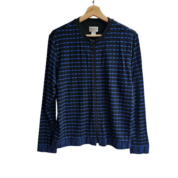 Chicos Travelers Womens Blue & Black Cardigan Jacket With Zip-Front, Size Medium - Picture 1 of 7